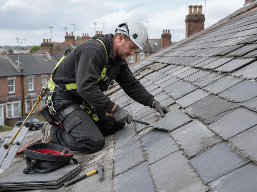 Roofer working on a slate roof